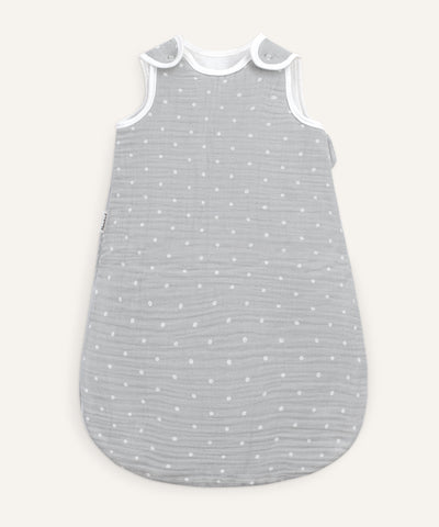 Ehrenkind Musselin Babyschlafsack Grau weiße Punkte.