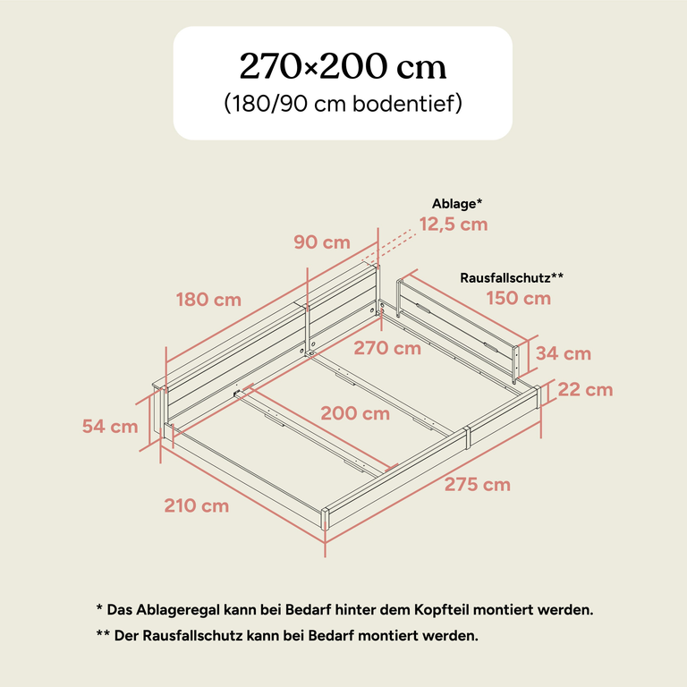 Familienbett | Esche - Eiche gebeizt | 270x200 (180/90) | Bodentief