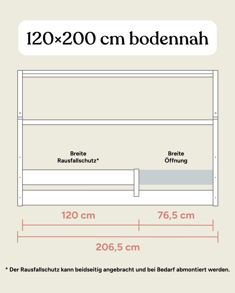 Größengrafik Hausbett Buche B3 120x200 bodennah Frontansicht.