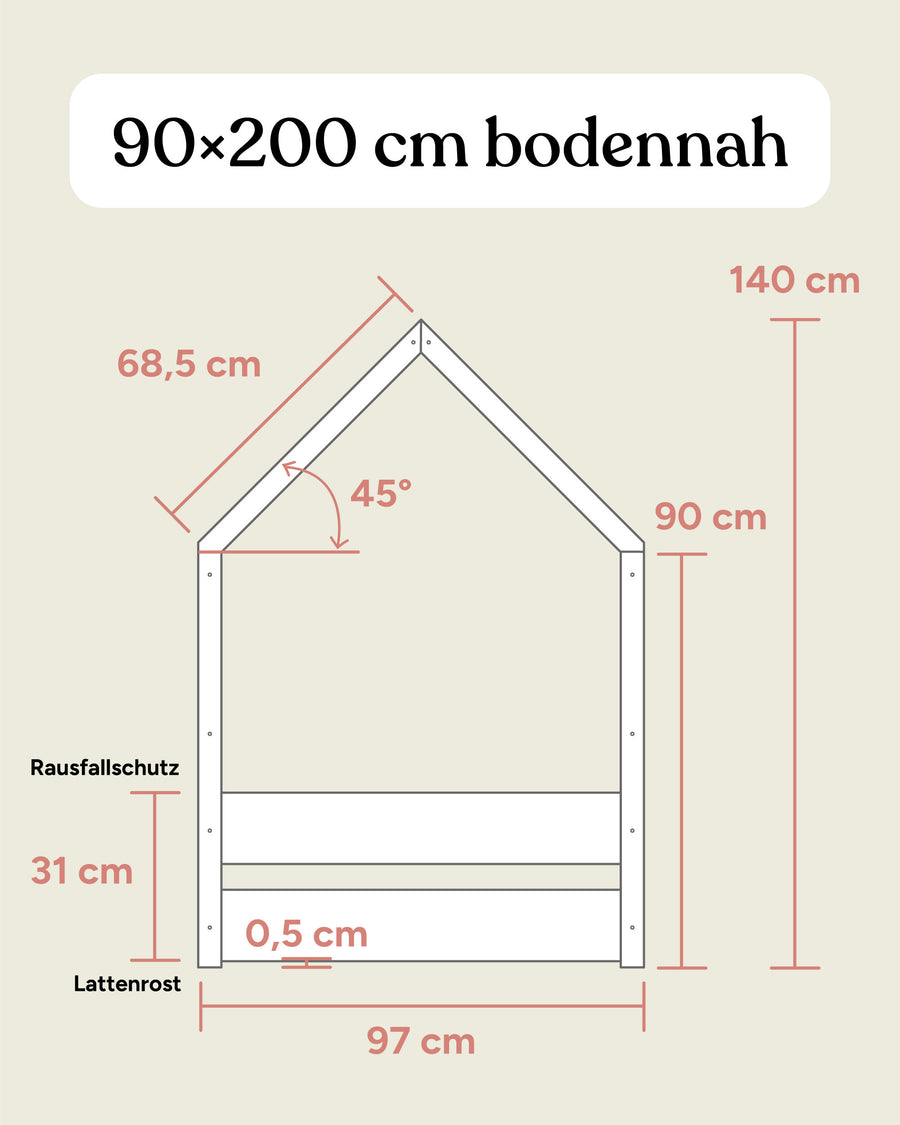 Größengrafik Hausbett Buche B3 90x200 bodennah Seitenansicht.