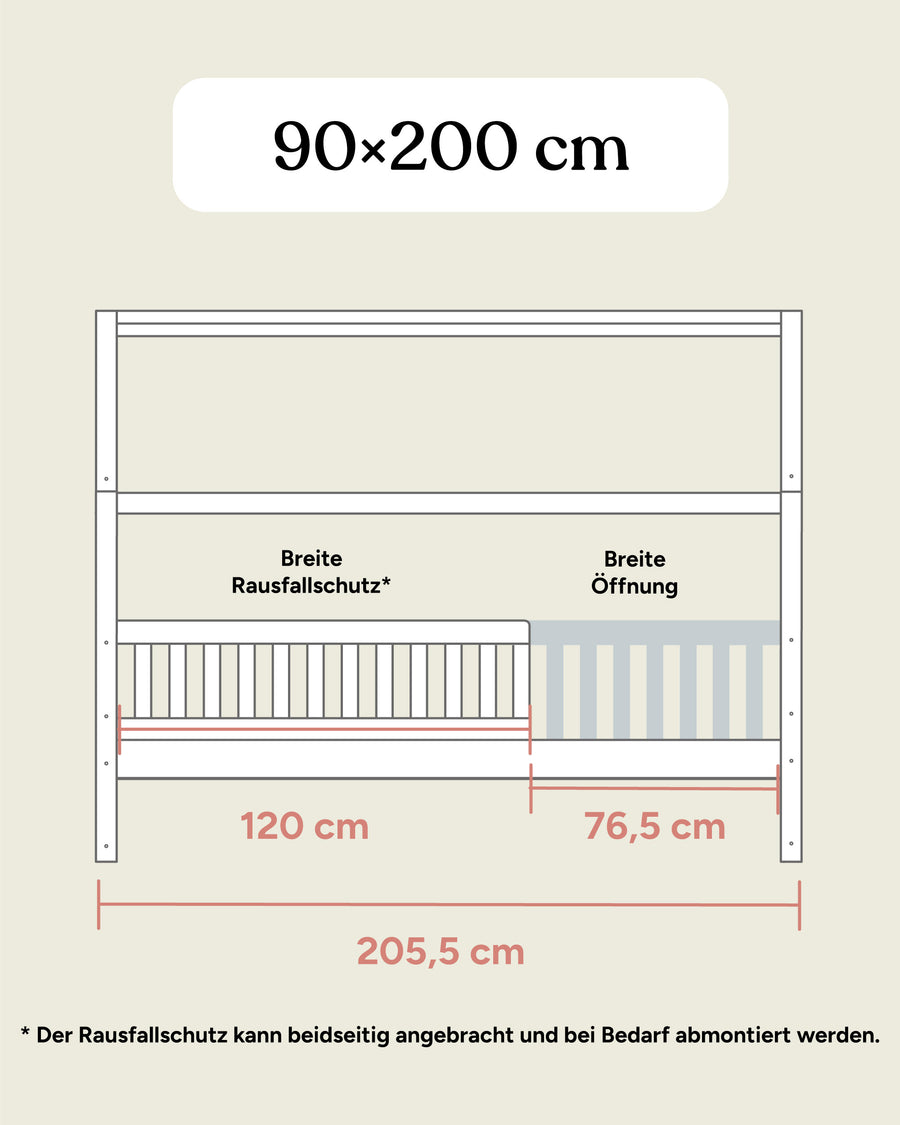 Größengrafik Hausbett Buche 90x200 cm Frontansicht.