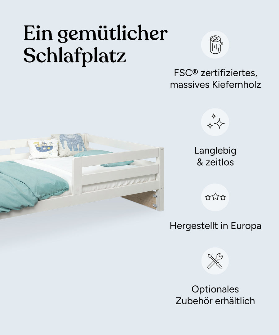 Vorteile Kinderbett Kiefer K3 weiß: Nachhaltiges Kiefernholz, langlebig und zeitlos, hergestellt in Europa, optionales Zubehör erhältlich.