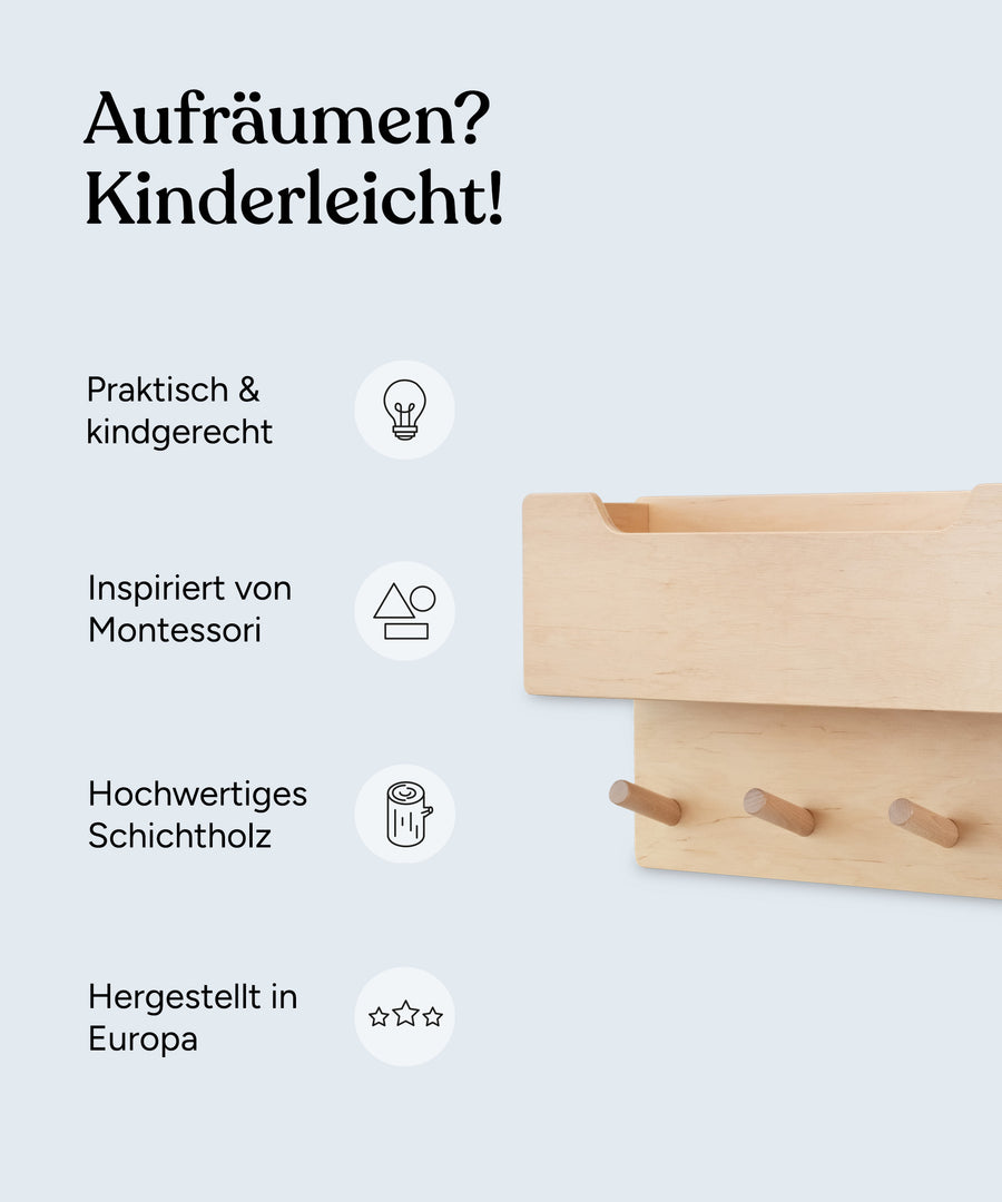Vorteile Kindergarderobe: Praktisch und kindgerecht, inspiriert von Montessori, hochwertiges Schichtholz, hergestellt in Europa.