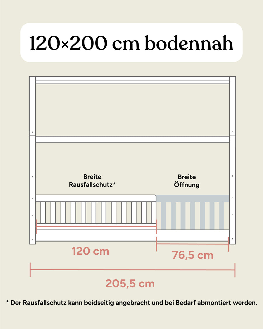 Größengrafik Hausbett Buche 120x200 cm Frontansicht bodennah.