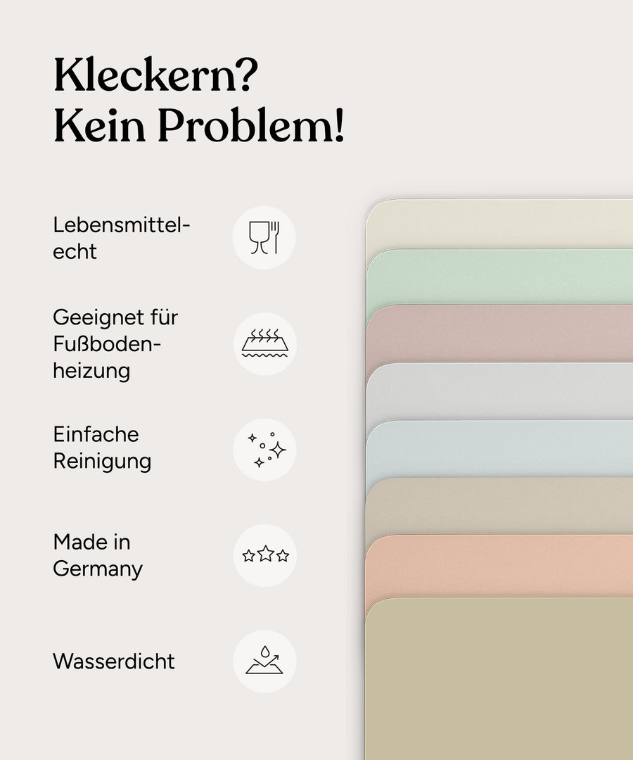 Vorteile Bodenmatte: Lebensmittelecht, geeignet für Fußbodenheizung, einfache Reinigung, Made in Germany und wasserdicht.