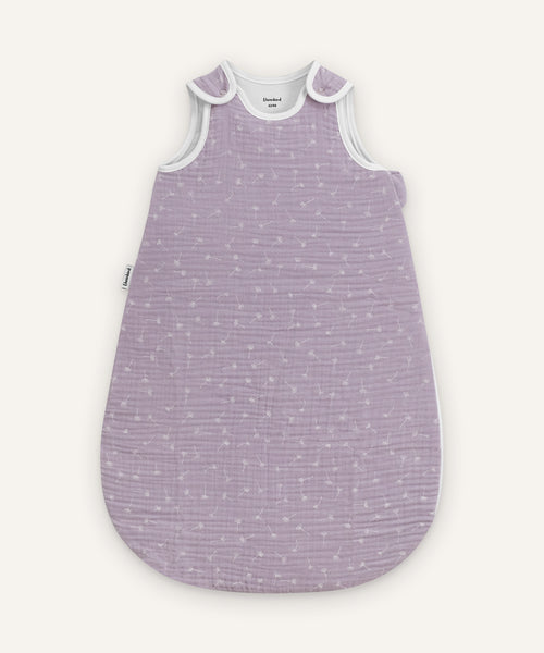 Musselin Babyschlafsack ganzjährig Flieder Pusteblume.