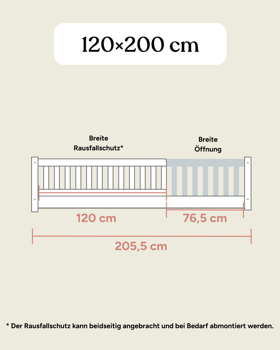 Bodenbett Buche Maße 120x200 cm Frontansicht.