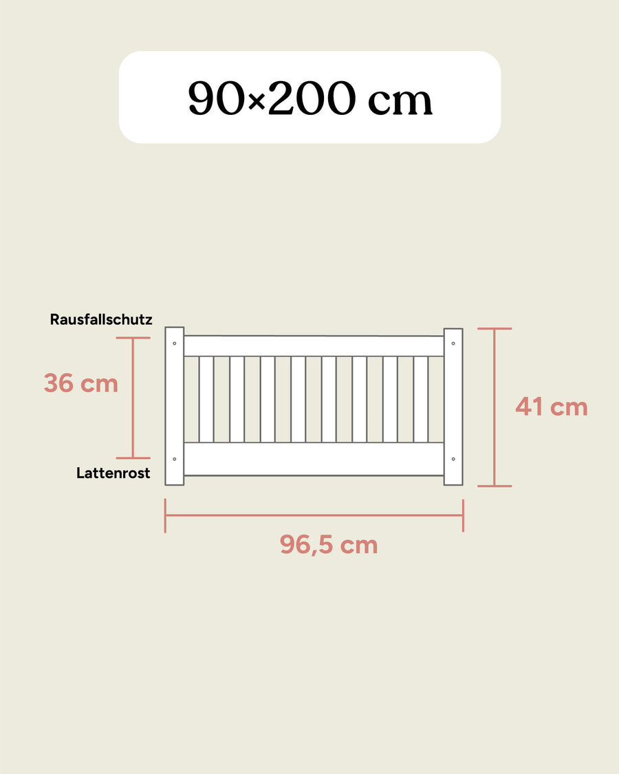 Bodenbett Buche Maße 90x200 cm Seitenansicht.
