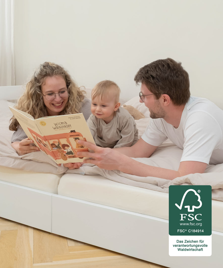 Standard oder tief? Wie du willst!*Das durchdachte Design macht's möglich: Du kannst das Familien-bett ganz nach Belieben bodentief oder in Standardhöhe aufbauen.| Optimale Höhe für Kleinkinder.