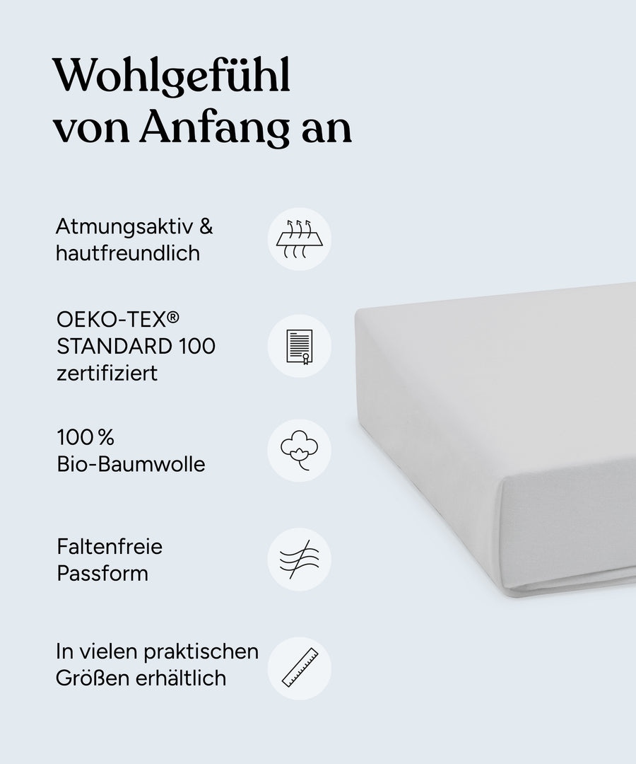 Vorteile des Spannbettlakens: Atmungsaktiv und hautfreundlich, Ökotex Standard einhundert zertifiziert, hundert Prozent Bio-Baumwolle, Faltenfreie Passform.