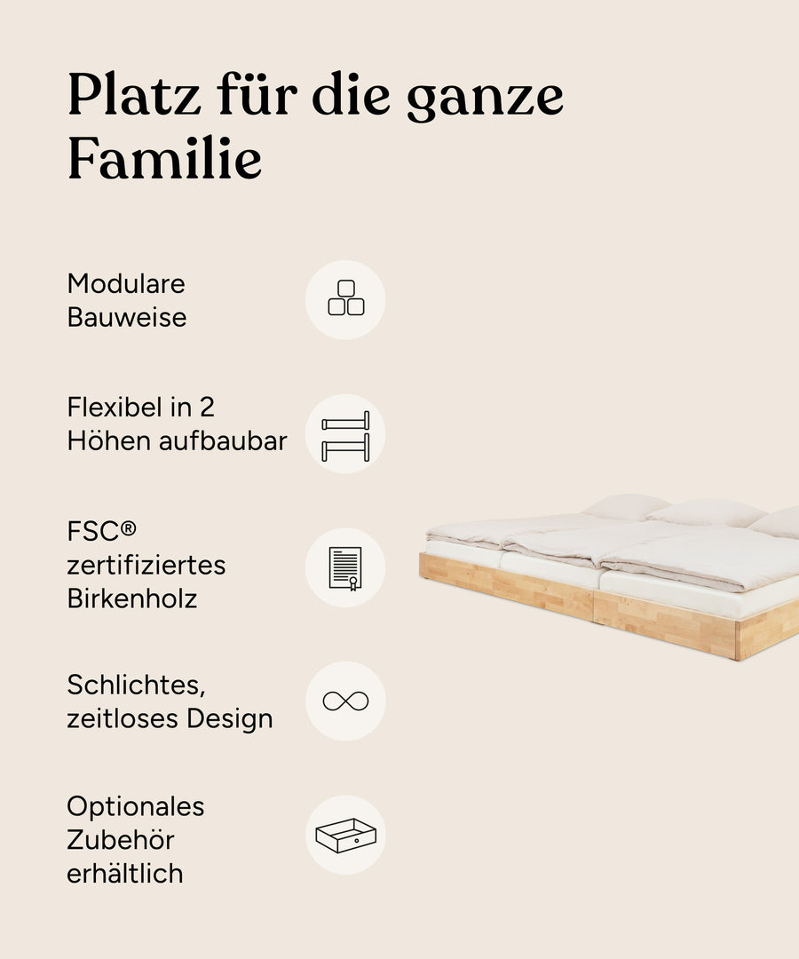 Ehrenkind Familienbett Plano Birke in den Größen 270x200 und 360x200 Vorteile.
