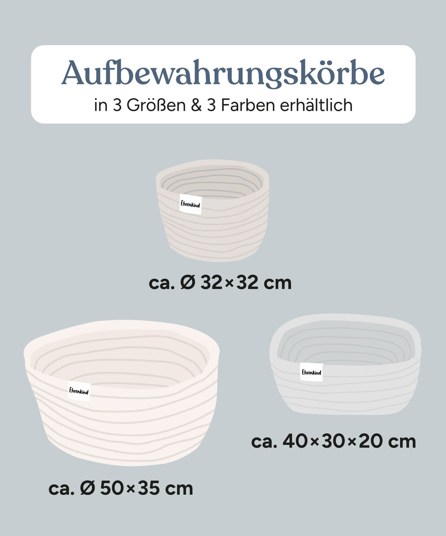 Größengrafik für Aufbewahrungskörbe.
