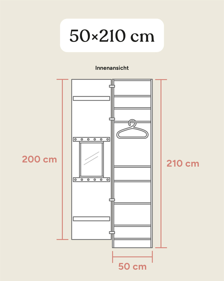 Größengrafik Kleiderschrank Linia mit extra Einlegeböden 50x210 cm.