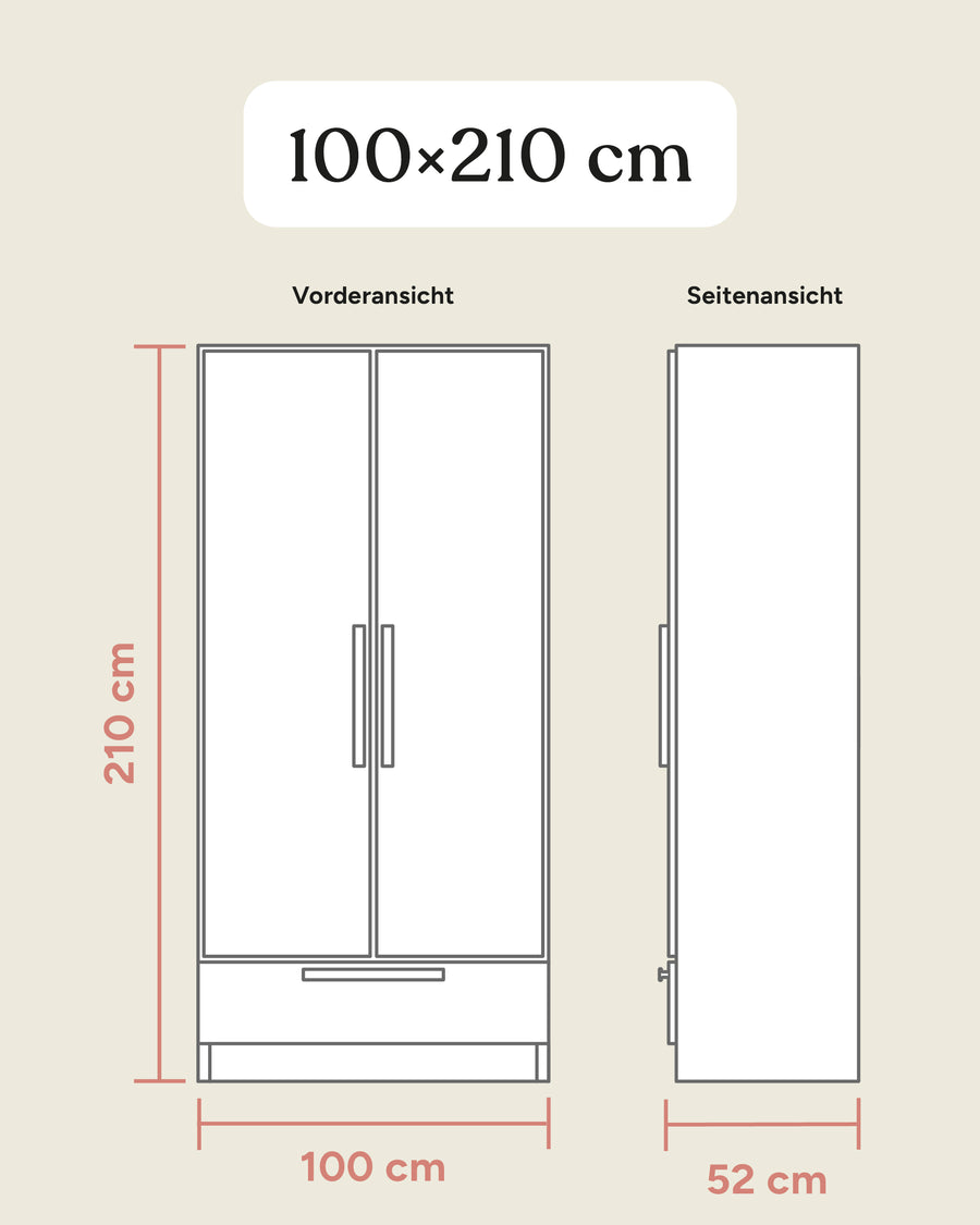 Größengrafik Kleiderschrank Linia mit Schublade 100x210 cm.