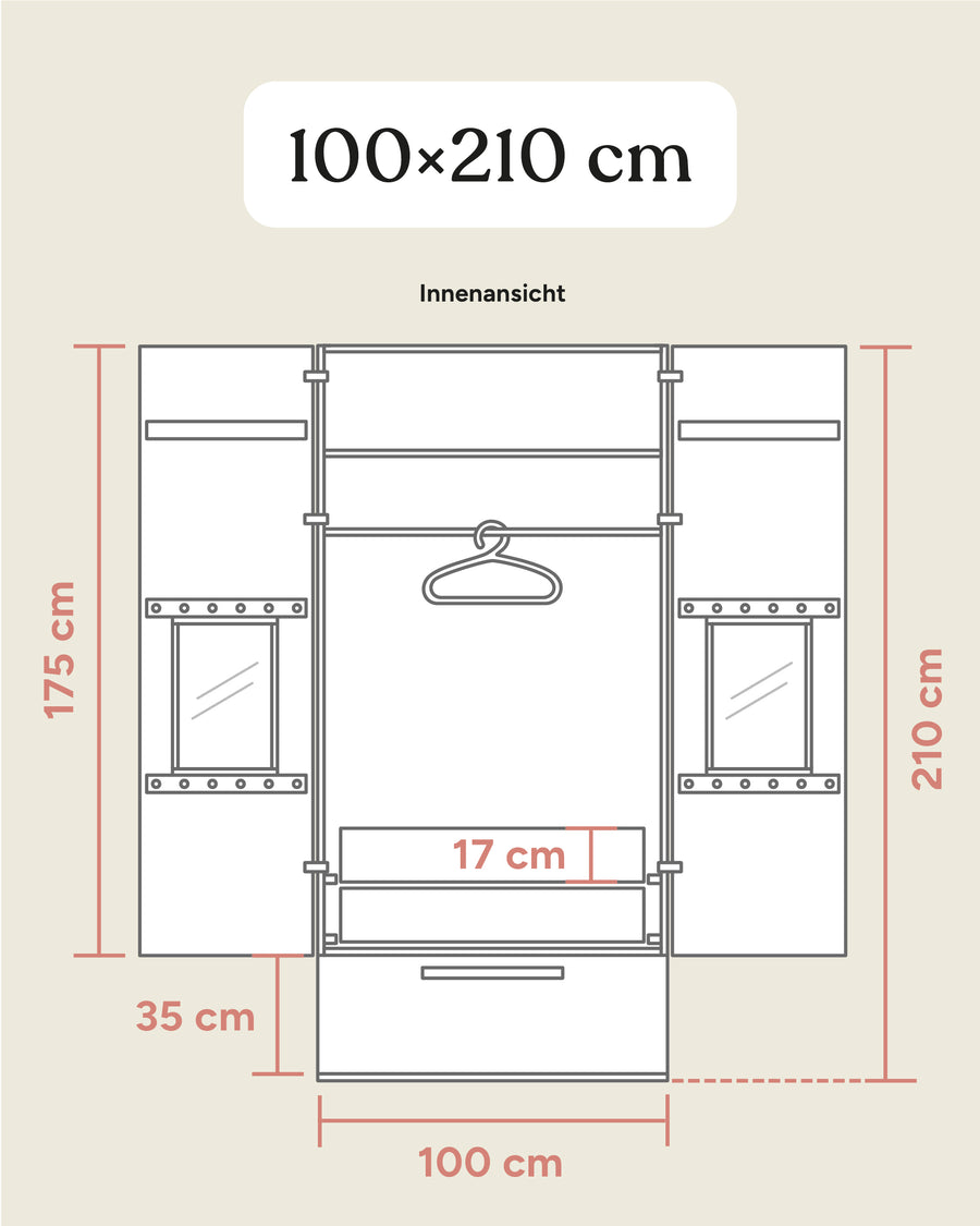 Größengrafik Kleiderschrank Linia mit Rollschublade innen 100x210 cm.
