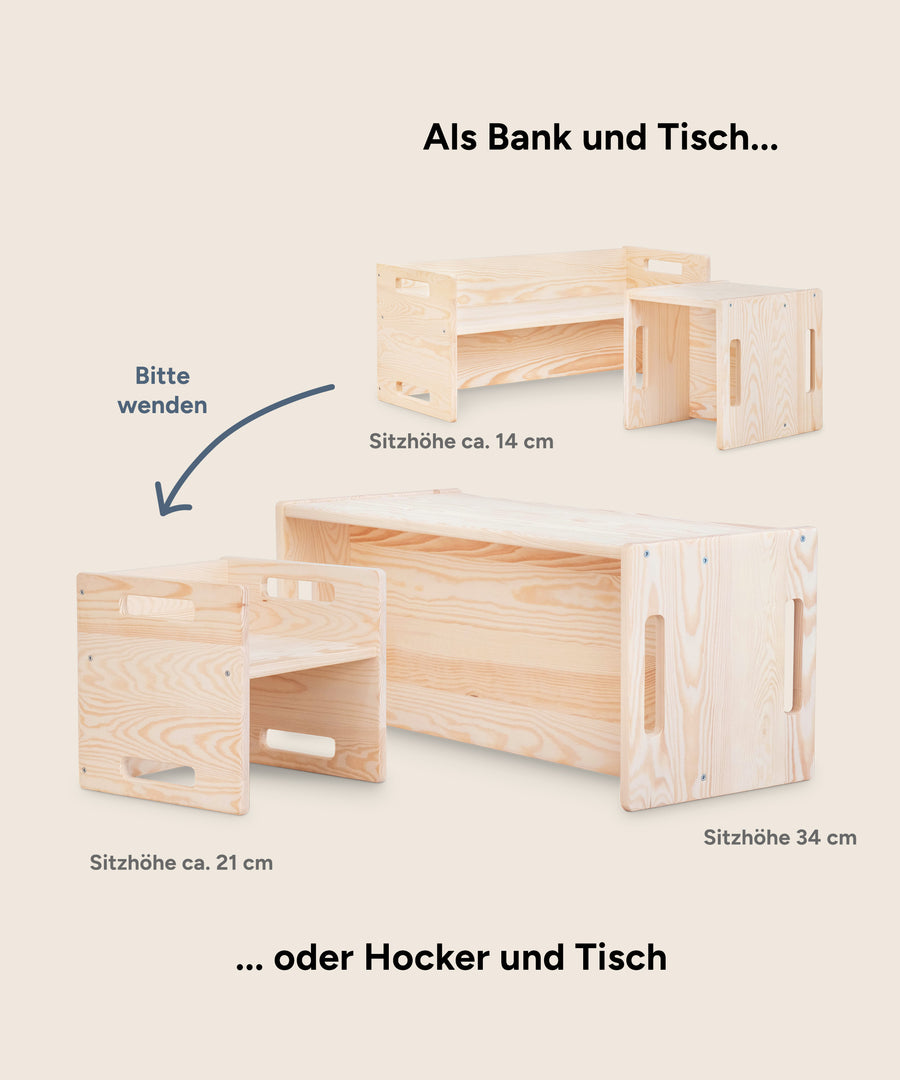 Hocker und Bank können als Wendemöbel genutzt werden.