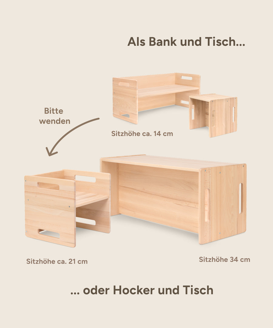 Kinderhocker und Bank mit mehreren Sitzhöhen durch Wenden.