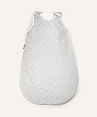 Baby-Schlafsack ganzjährig rund Grau weiße Punkte.
