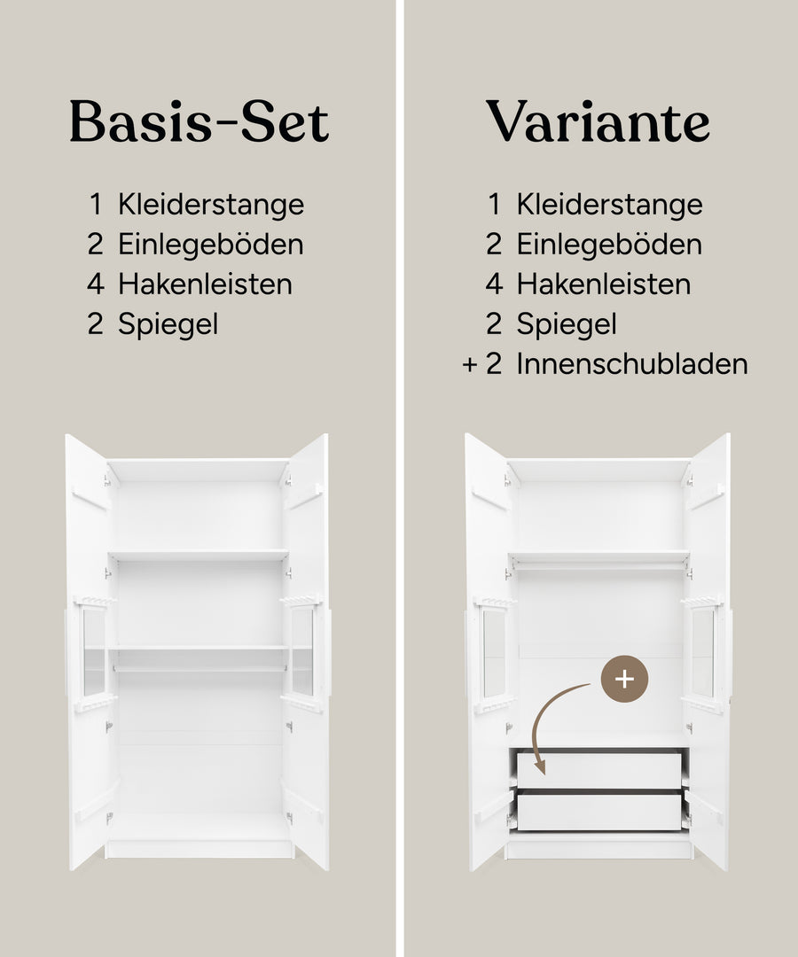 Die Grafik vergleicht das Basis-Set, das aus zwei Böden, einer Kleiderstange, vier Hakenleisten und zwei Spiegel besteht, mit der Variante, die aus dem Basis-Set plus zwei Innenschubladen besteht.