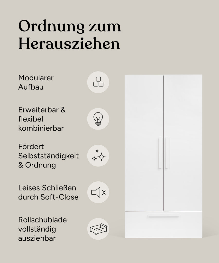 Vorteile Kleiderschrank Linia Kiefer Weiß 100 cm mit Rollschublade.
