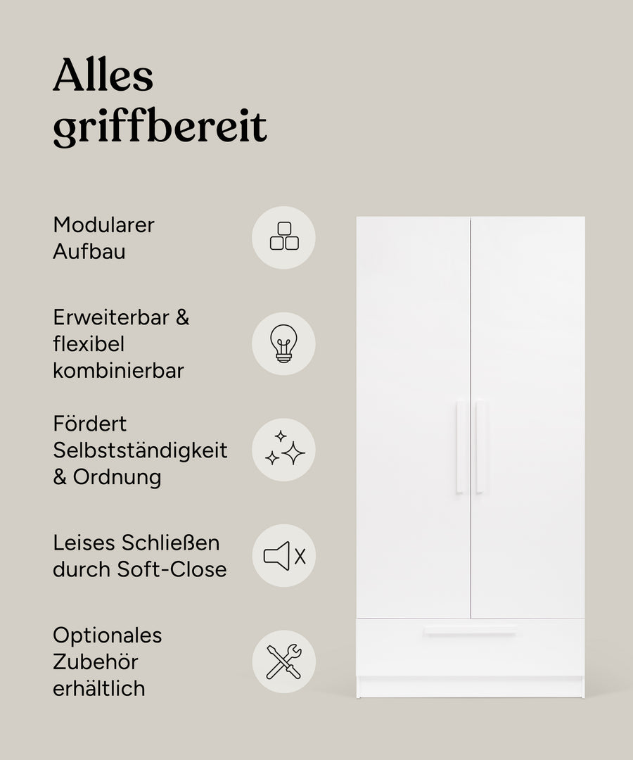 Vorteile Kleiderschrank Linia Kiefer Weiß 100 cm mit Schublade.