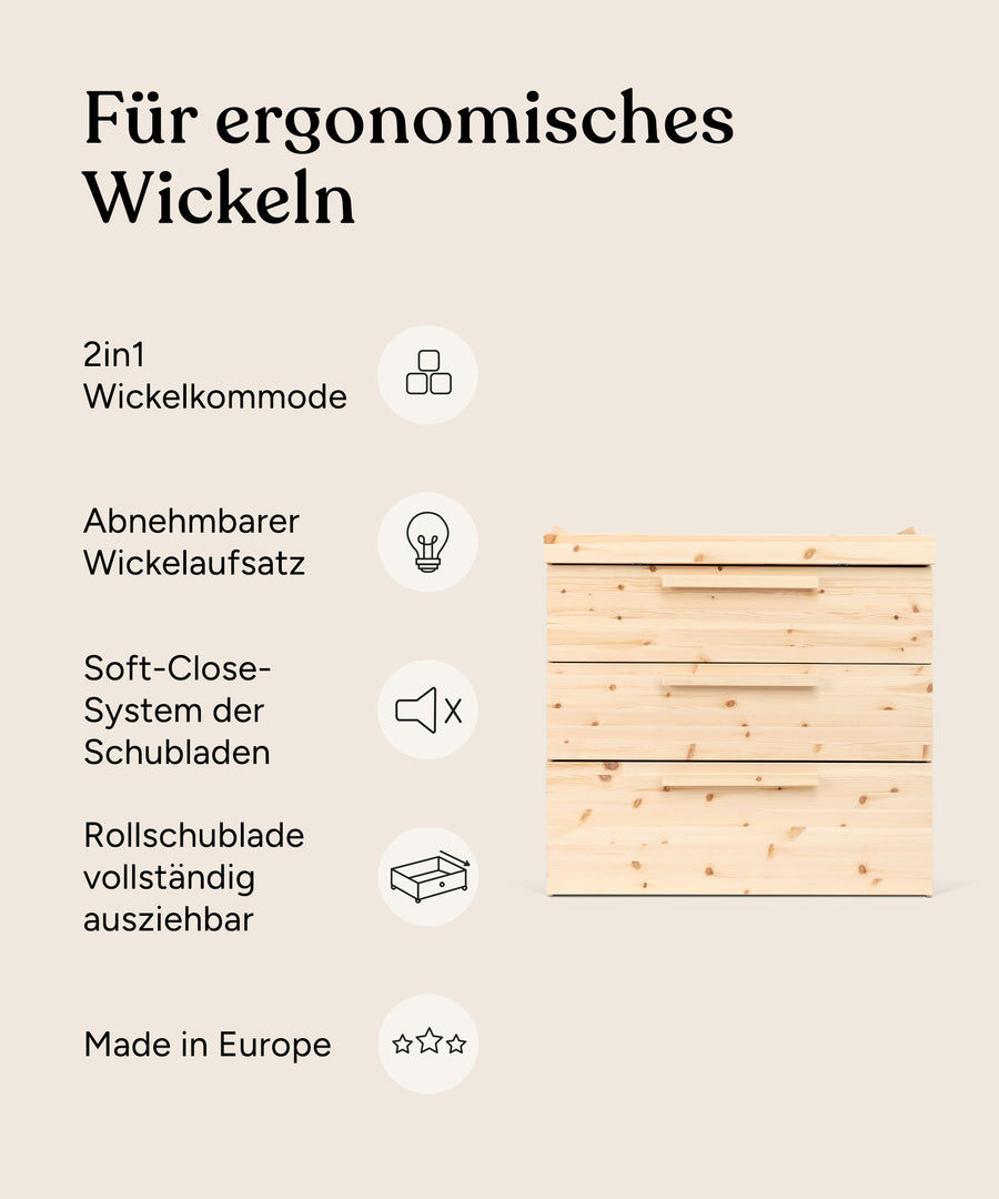 Vorteile Wickelkommode Linia Kiefer mit drei Schubladen.