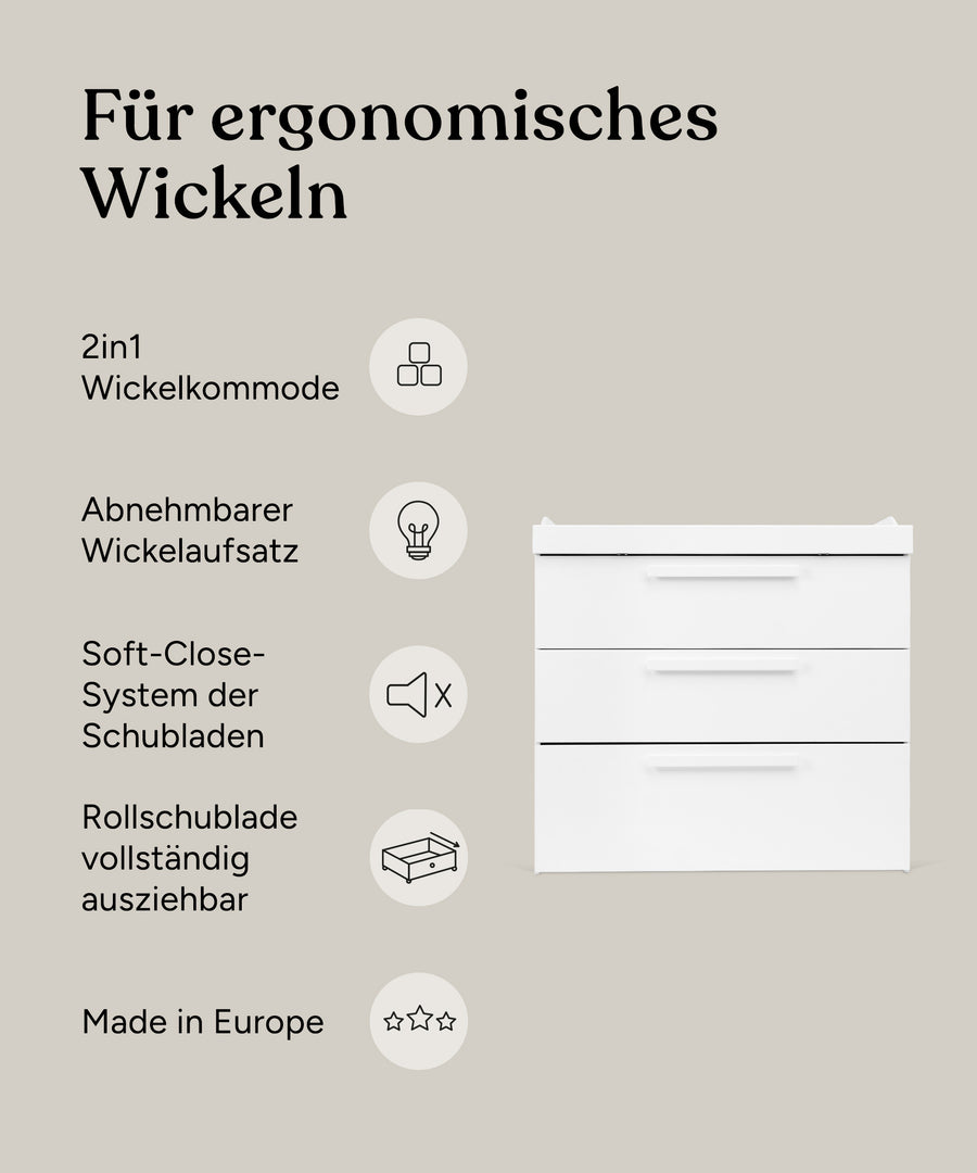 Vorteile Wickelkommode Linia Kiefer Weiß mit drei Schubladen.