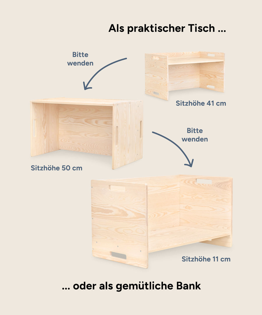 Zeigt wie man den Tisch wenden kann sodass es eine Bank wird.